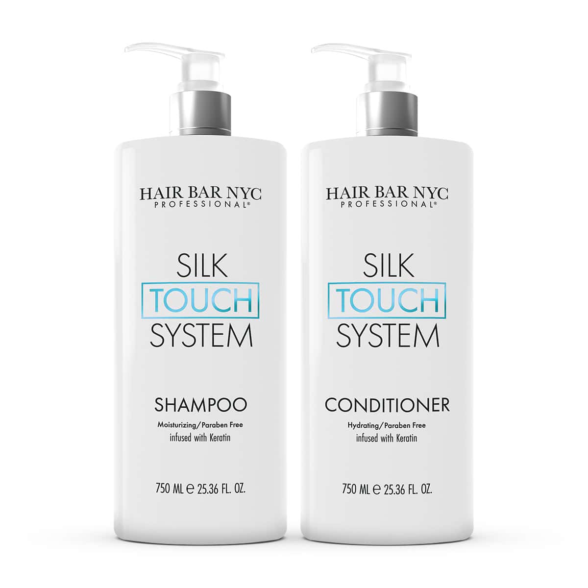 Two white bottles labeled "Hair Bar NYC Silk Touch System," one shampoo and one conditioner, each 750 mL, with pump dispensers and black and blue text.
