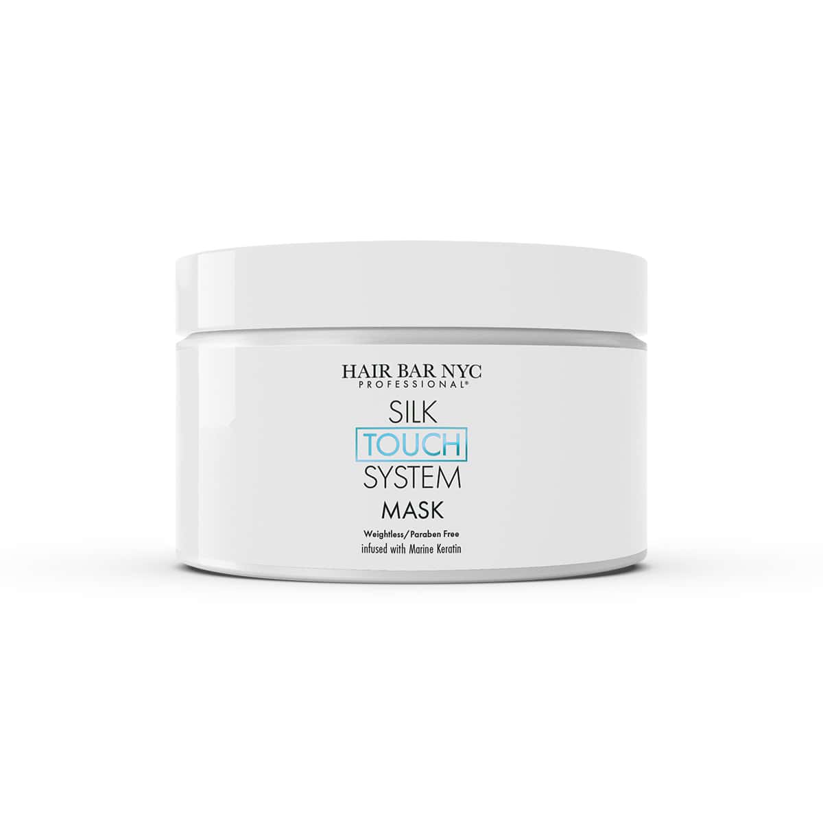 A white jar labeled "Hair Bar NYC Professional Silk Touch System Mask" with a simple, minimalist design, photographed against a plain white background.