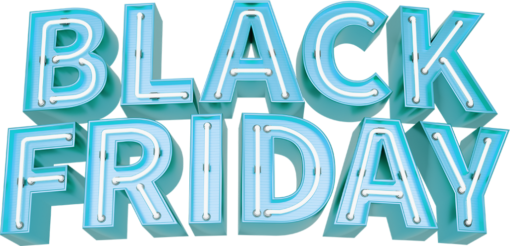 The words "Black Friday" are displayed in large, blue, three-dimensional neon-style letters on a white background.