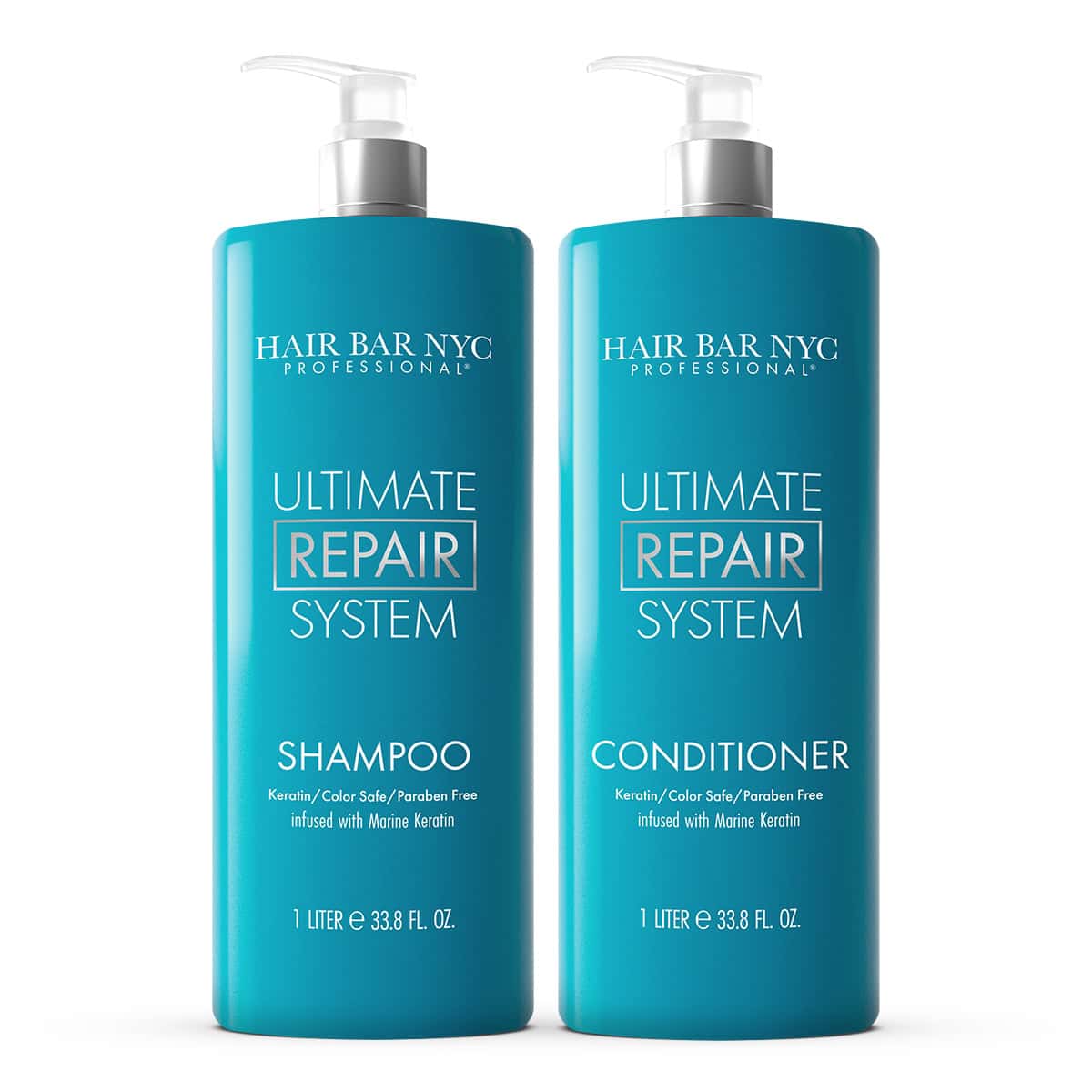 Two teal bottles labeled "Ultimate Repair System" shampoo and conditioner by Hair Bar NYC, each 1 liter, with pumps and white text detailing product features.