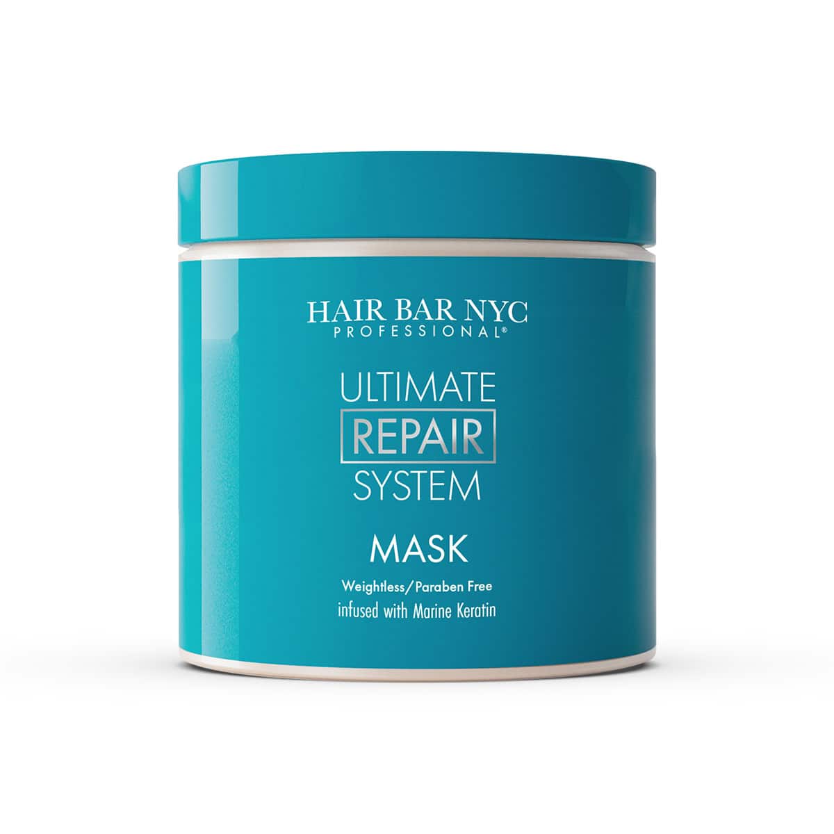 A teal container of Hair Bar NYC Ultimate Repair System Mask, labeled as weightless, paraben-free, and infused with marine keratin.