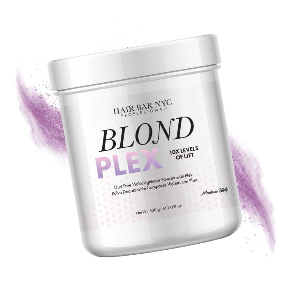 A container of Hair Bar NYC Professional Blond Plex violet lightener powder with purple powder accents in the background.