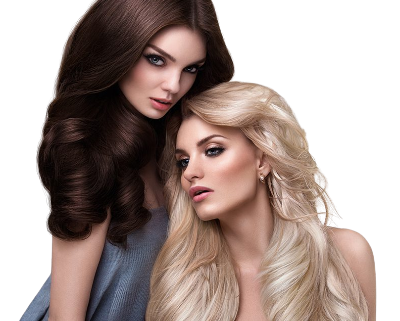 Two women with styled, voluminous hair pose together; one has long dark brown hair and the other has long platinum blonde hair.