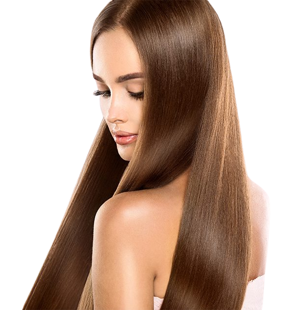 Woman with long, straight, shiny brown hair looking down over her shoulder against a white background.