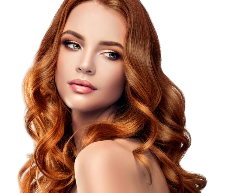 Woman with long, wavy red hair and natural makeup poses against a white background, looking over her shoulder.
