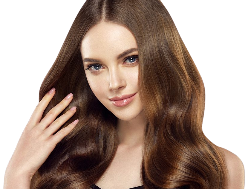 Young woman with long, smooth, shiny brown hair and clear skin, looking at the camera while touching her hair with one hand against a white background.