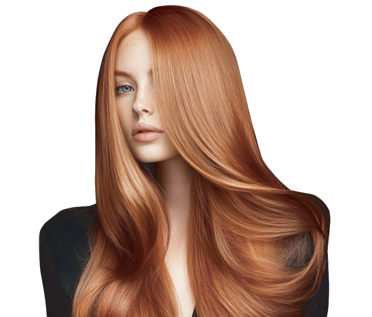 A woman with long, smooth, red hair and fair skin, wearing a black top, looks forward with a neutral expression.