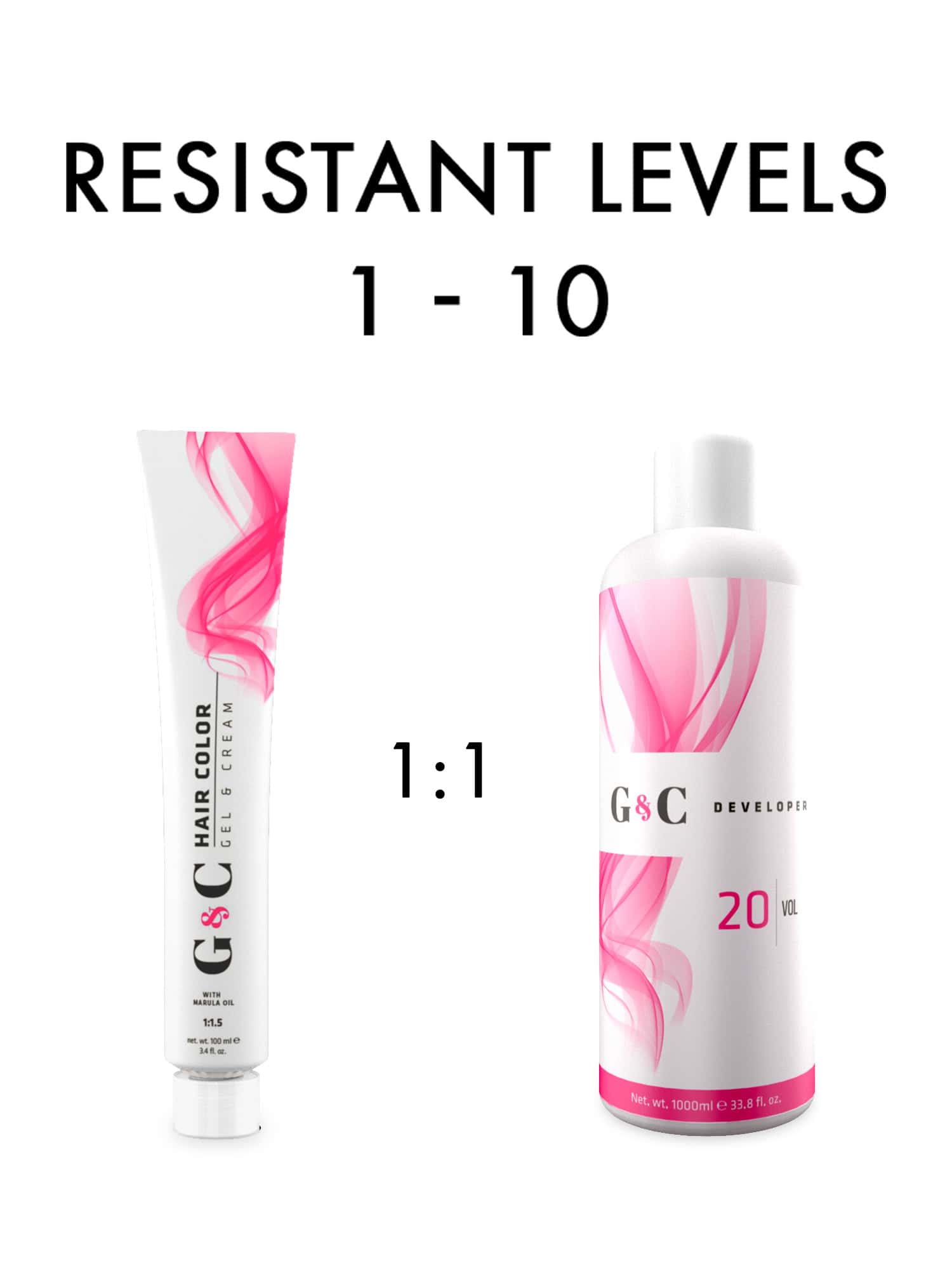 Two hair product bottles labeled "G&C Hair Color" and "G&C Developer 20 VOL" with text indicating mixing ratio 1:1 for resistant levels 1-10.