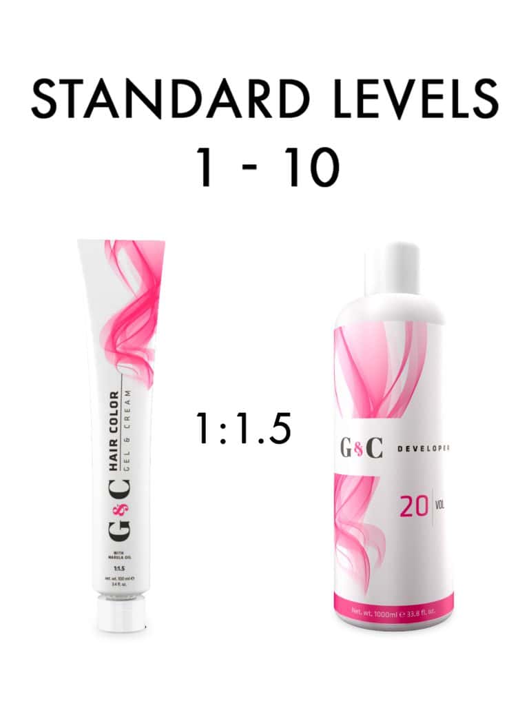A tube of G&C hair color and a bottle of G&C 20 vol developer are shown with the text "STANDARD LEVELS 1-10" and a 1:1.5 mixing ratio.