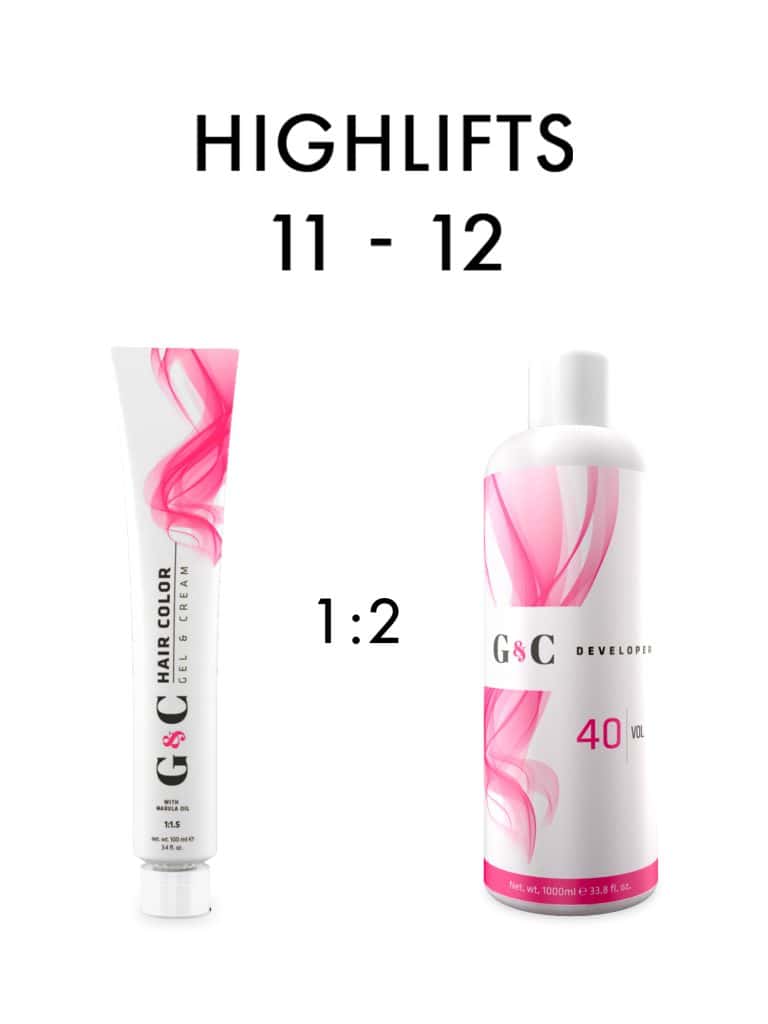 Tube of G&C hair color and bottle of G&C 40 volume developer shown with mixing ratio 1:2 for highlifts 11-12.