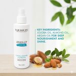 A bottle of Speed-Up Color & Lightener Accelerator sits on a wooden surface with almonds, argan nuts, and leaves nearby, with text highlighting its key nourishing ingredients.