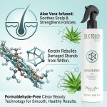 Silk Touch Plus Keratin Advanced Formula bottle with aloe vera, keratin molecules, and benefits like aloe infusion, damage repair, and a formaldehyde-free formula for healthy hair.