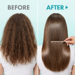 Side-by-side comparison: left image shows frizzy hair before, right displays smooth, shiny hair easily combed after using Silk Touch Plus Keratin Advanced Formula.