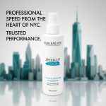 A bottle of Speed-Up Color & Lightener Accelerator is shown in front of a blurred NYC skyline, with marketing text featured on the left.