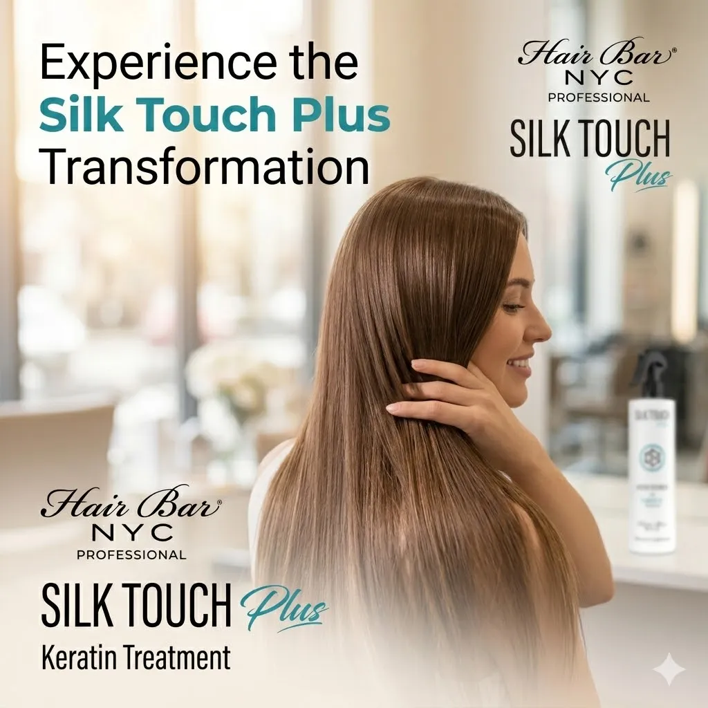 A woman with long, straight, smooth hair touches her hair in a salon, showcasing the transformative effects of the Silk Touch Plus Keratin Advanced Formula by Hair Bar NYC.