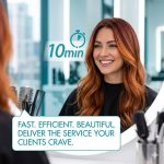 A woman with styled hair smiles in a salon chair, seen in the mirror. The text highlights the Speed-Up Color & Lightener Accelerator, a 10-minute service focused on speed, efficiency, and client satisfaction.