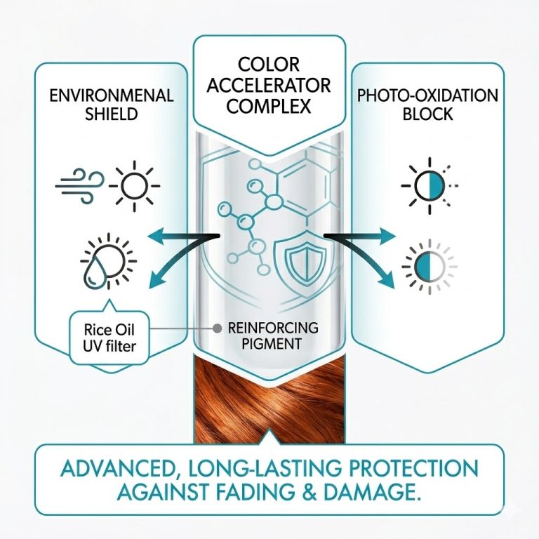 Diagram illustrating hair color protection with Speed-Up Color & Lightener Accelerator, featuring environmental shield, photo-oxidation block, color accelerator complex, rice oil UV filter, and reinforcing pigment for lasting results.