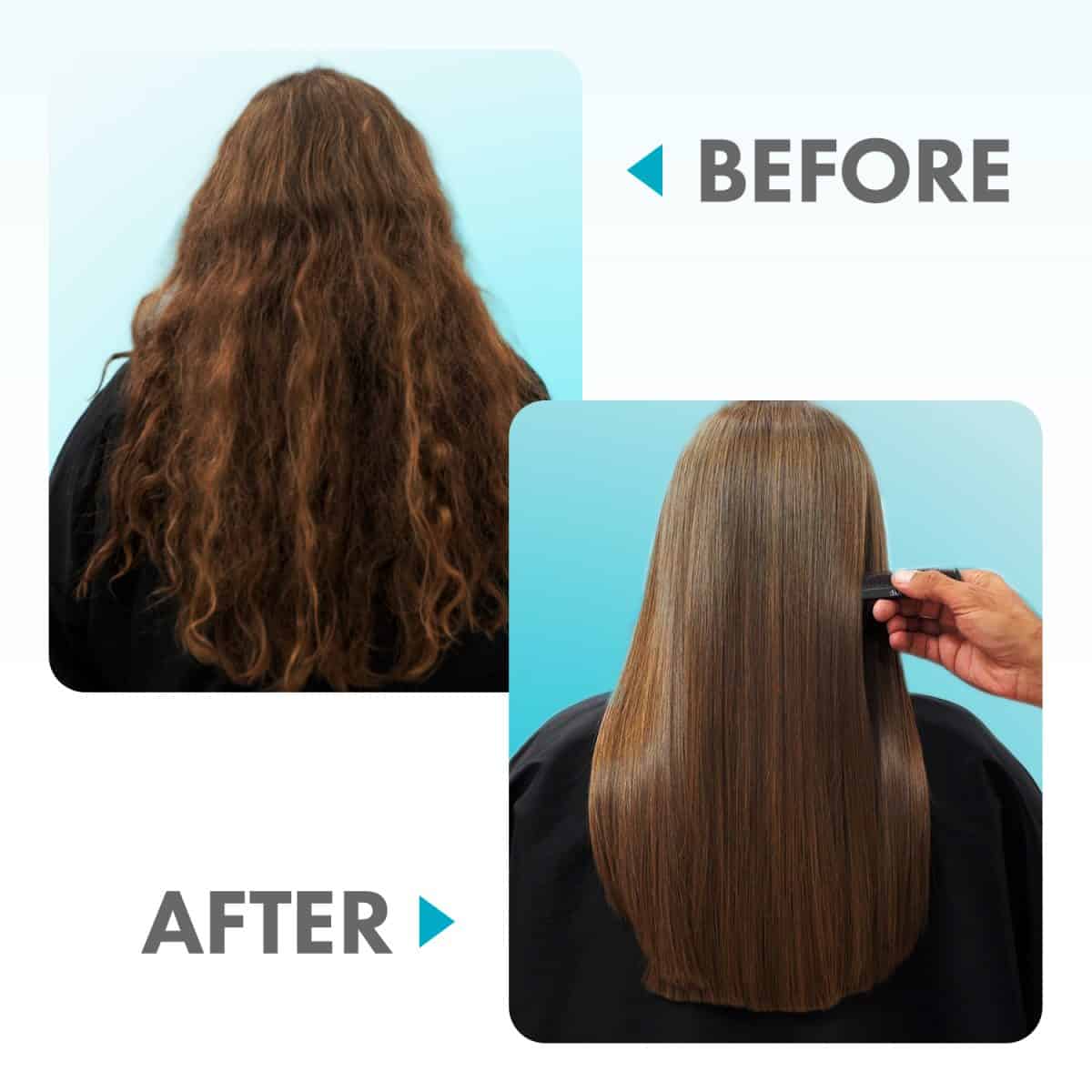 Side-by-side images show hair before and after using Silk Touch Plus Keratin Advanced Formula; the first image is frizzy and wavy, while the second is smooth and straight as a hand combs through it.