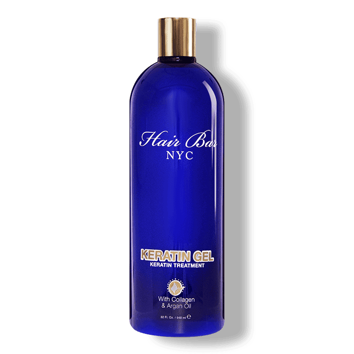 A blue bottle labeled "Hair Bar NYC Keratin Gel Keratin Treatment" with collagen and argan oil, 32 fl oz.