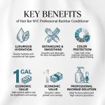 Infographic listing benefits of Backbar Conditioner Gallon: hydration, detangling, color protection, cost savings, and salon use. Each feature is illustrated with an icon.