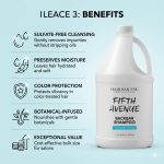 A large bottle of Backbar Shampoo Gallon is shown beside a list of benefits: sulfate-free cleansing, added moisture, color protection, botanical ingredients, and salon-quality value.