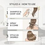 Instructional graphic with three steps: 1. Shampoo and dampen hair, 2. Spray Leave-in Conditioner and comb through, 3. Style as desired; each step includes an illustration.