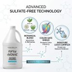 A gallon-sized Backbar Shampoo Gallon is pictured next to icons and text emphasizing its sulfate-free formula, botanical blend, color-safe protection, and moisture-lock technology.