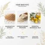 Three images display amaranthus seeds, protein powder with a scoop, and a bowl of botanical oils—key ingredients in Leave-in Conditioner for nourishing follicles, protecting against heat, and locking in moisture.
