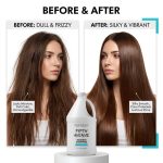Side-by-side comparison of a woman's hair before (dull and frizzy) and after (silky and smooth) using Backbar Shampoo Gallon; product bottle displayed at bottom center.