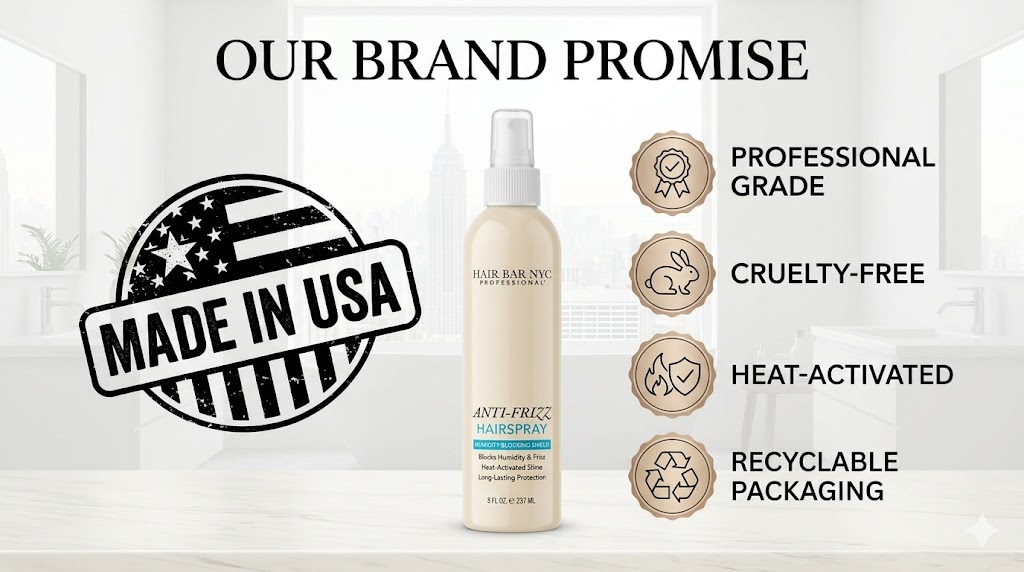 A bottle of Anti-Frizz Hairspray, marked "Made in USA," featuring icons for professional grade, cruelty-free, heat-activated formula, and recyclable packaging.