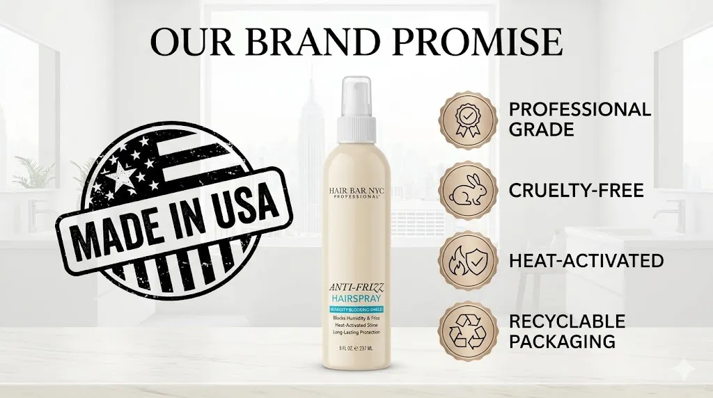 A bottle of Anti-Frizz Hairspray, marked "Made in USA," featuring icons for professional grade, cruelty-free, heat-activated formula, and recyclable packaging.