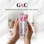 Person holding a G&C 99.0 / 9.NN - Very Light Natural Blonde Intense hair color box and tube with pink design; blurred mirror and vanity items in background. Above, text says, "EXPRESSIVE COLOR. CARE THAT LASTS.