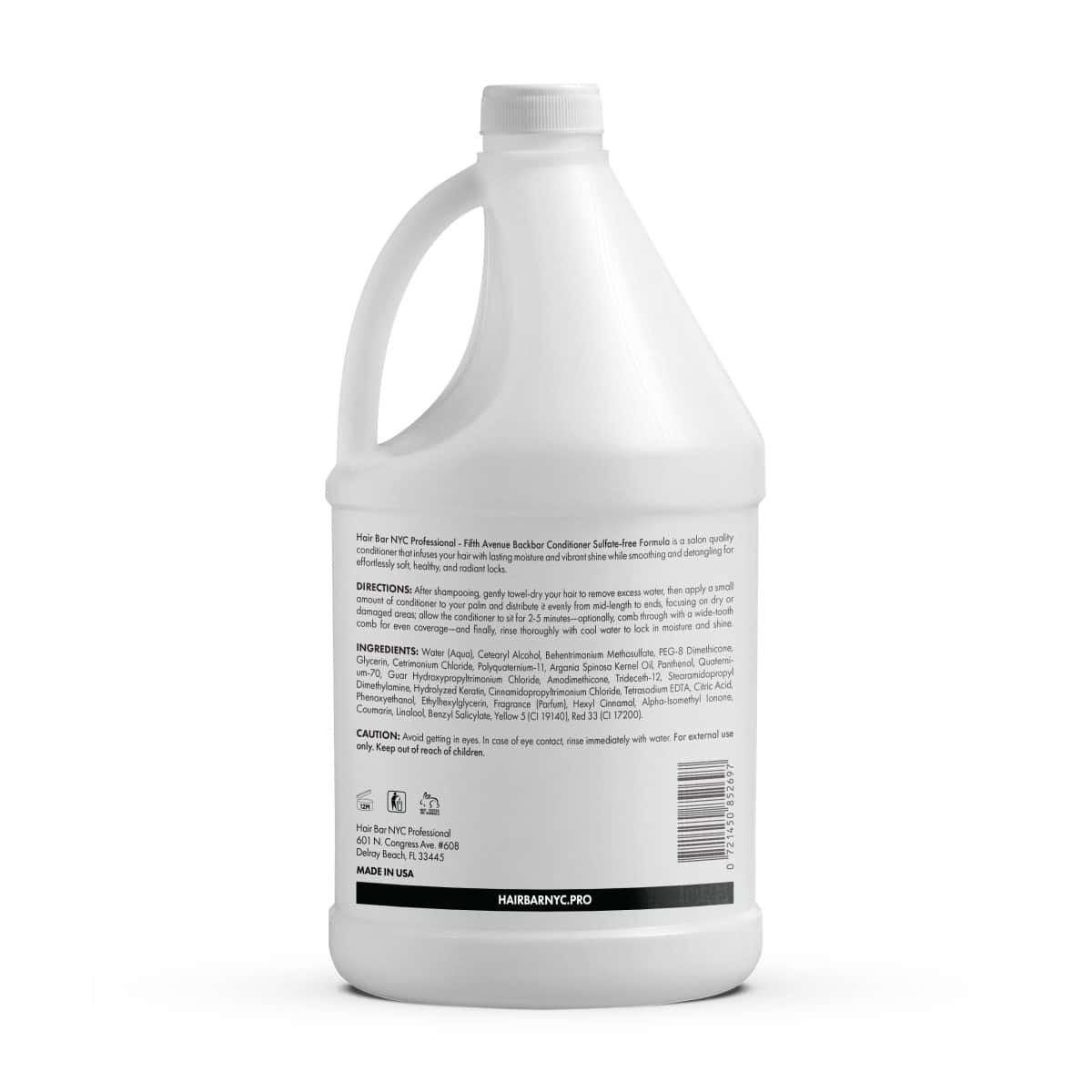 A white plastic gallon bottle of Backbar Shampoo Gallon features a printed label with directions, ingredients, and caution information for hair care.