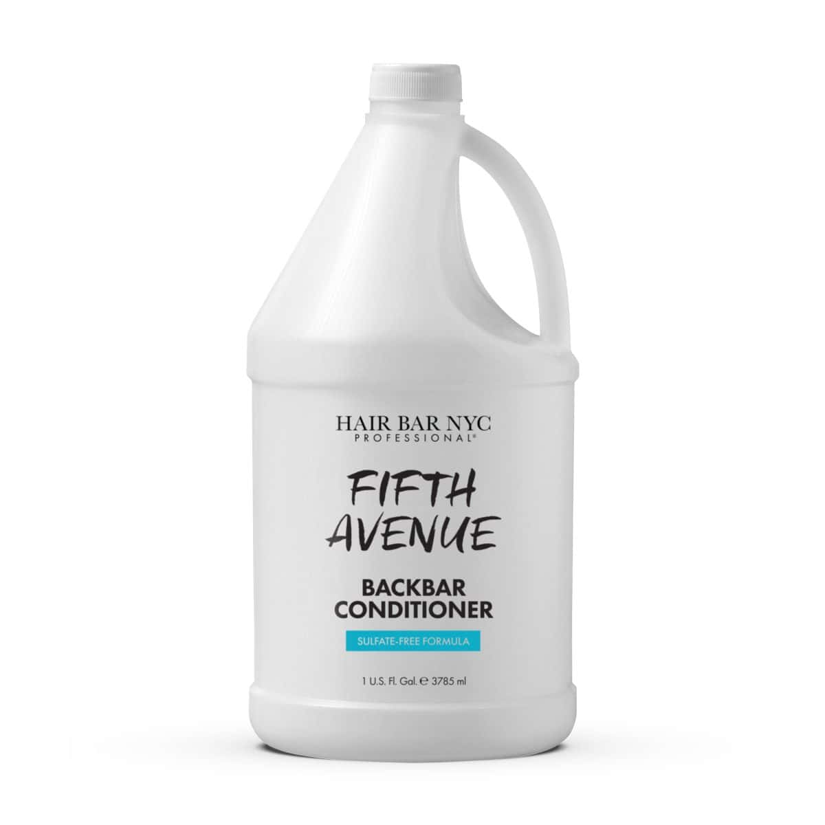 A large white gallon bottle labeled "Backbar Shampoo Gallon" from Hair Bar NYC Professional, sulfate-free formula, 1 US gallon (3785 ml).