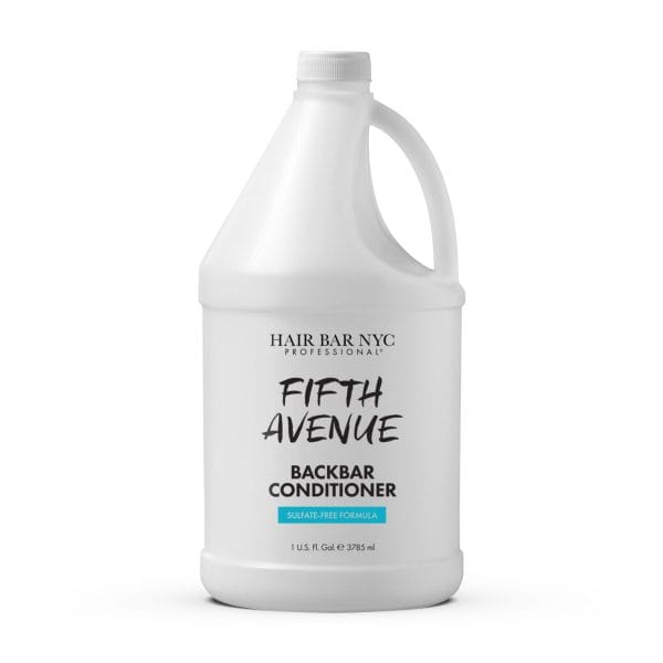 A large white gallon bottle labeled "Backbar Shampoo Gallon" from Hair Bar NYC Professional, sulfate-free formula, 1 US gallon (3785 ml).
