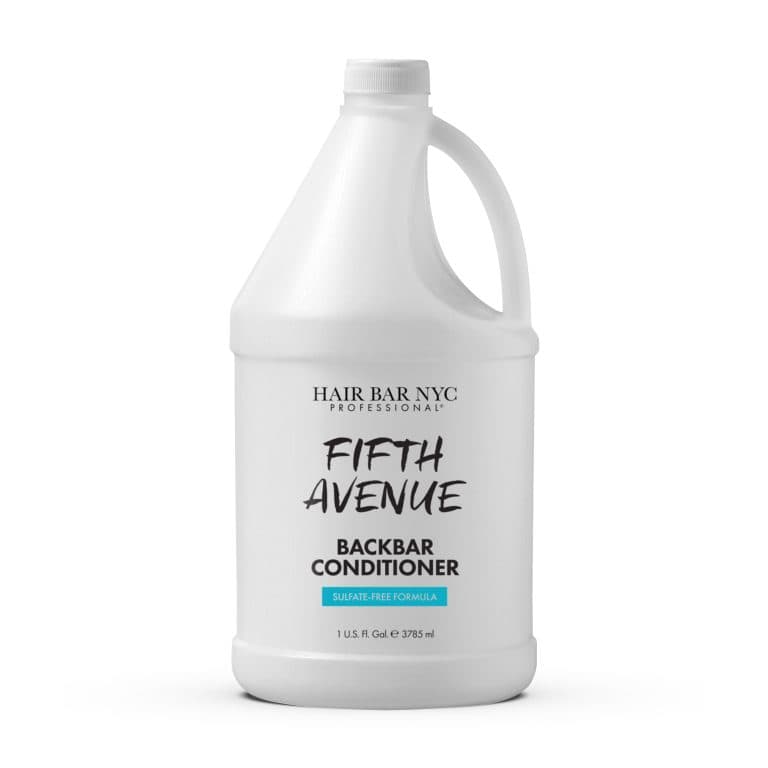 A large white gallon bottle labeled "Backbar Shampoo Gallon" from Hair Bar NYC Professional, sulfate-free formula, 1 US gallon (3785 ml).