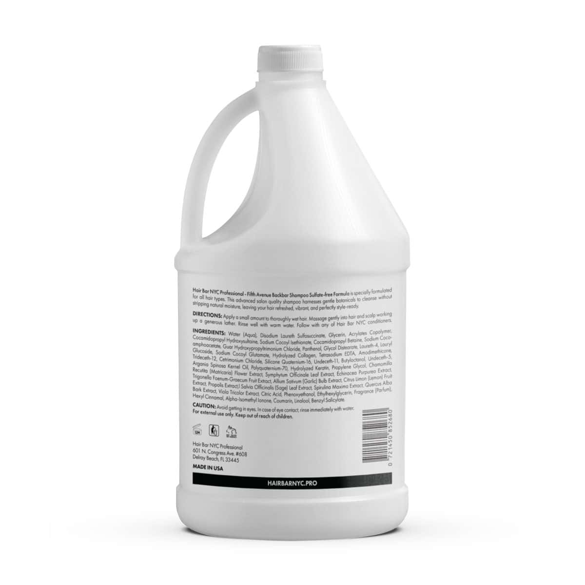 A white plastic gallon container with a handle, labeled "Backbar Shampoo Gallon," shows the back label featuring directions, ingredients, caution details, and a barcode.