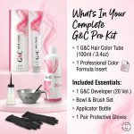The 99.0 / 9.NN - Very Light Natural Blonde Intense Pro Kit includes hair color tube, 20 vol developer, bowl, brush, applicator bottle, gloves, and formula insert on a pink background.
