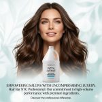 A woman with voluminous brown hair smiles behind a bottle of Backbar Conditioner Gallon, with a text overlay highlighting salon-quality luxury hair care.