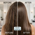 Split image: left side shows frizzy, dry hair; right side shows smooth, shiny hair. Text: "Results after 1 use with Leave-in Conditioner.
