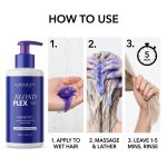 Instructions for using Blond Plex Platinum System Shampoo: apply to wet hair, massage to lather, leave on 1-5 minutes, then rinse. Includes a bottle of Blond Plex Platinum System Shampoo and demonstration images.