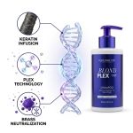 A bottle of Blond Plex Platinum System Shampoo is displayed, highlighting its keratin infusion, plex technology, and brass neutralization benefits.