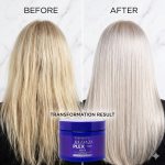 Side-by-side comparison of hair before and after treatment; left shows dull blonde hair, right reveals smooth, shiny platinum strands. Below is the Blond Plex Platinum System Mask container.