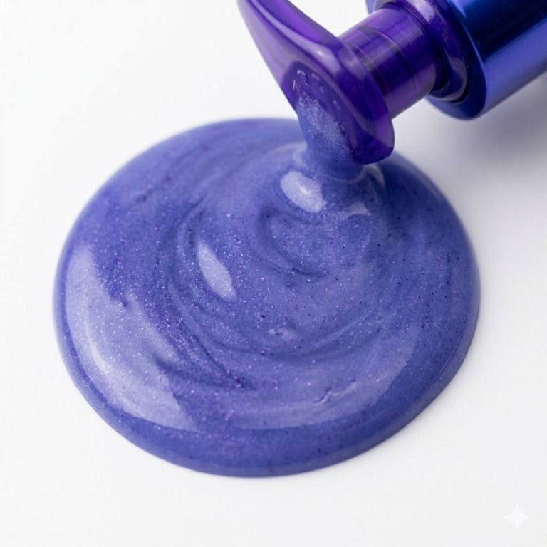 A close-up of Blond Plex Platinum System Shampoo shows its iridescent purple formula being poured onto a white surface from a bottle with a matching purple cap.