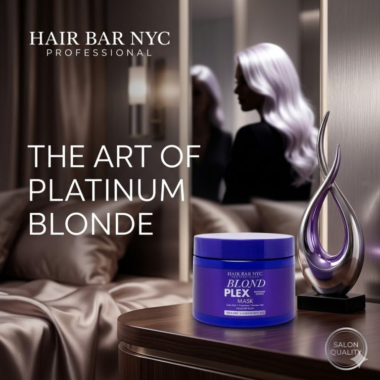 A jar of Blond Plex Platinum System Mask rests on a table in a modern room, while the blurred figure of a platinum blonde woman appears in the background.