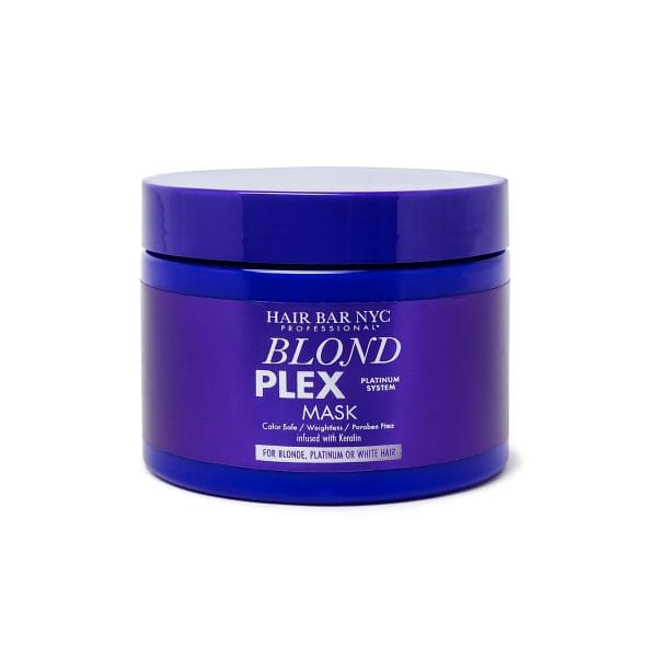 A purple container of Hair Bar NYC Blond Plex Platinum System Shampoo, designed for blonde, platinum, or white hair.