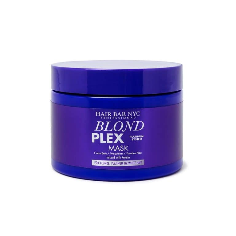 A purple container of Hair Bar NYC Blond Plex Platinum System Shampoo, designed for blonde, platinum, or white hair.