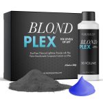 A Blond Plex Charcoal Lightener Kit is shown with a 30 volume developer bottle, charcoal powder pile, and a swipe of purple cream in front.