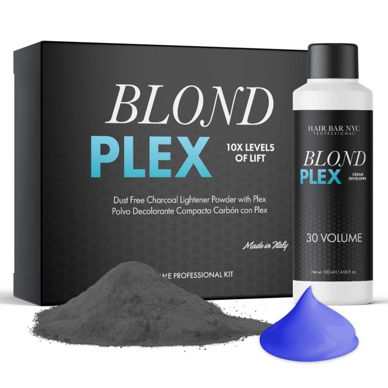 A Blond Plex Charcoal Lightener Kit is shown with a 30 volume developer bottle, charcoal powder pile, and a swipe of purple cream in front.