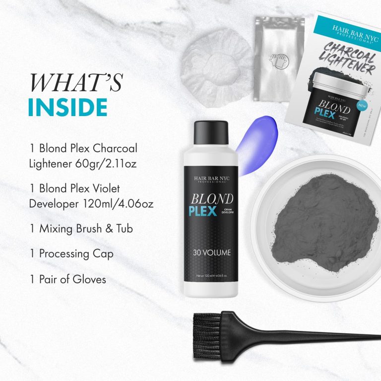 Blond Plex Charcoal Lightener Kit, including lightener, developer, mixing brush, tub, processing cap, and gloves, displayed on a marble surface.